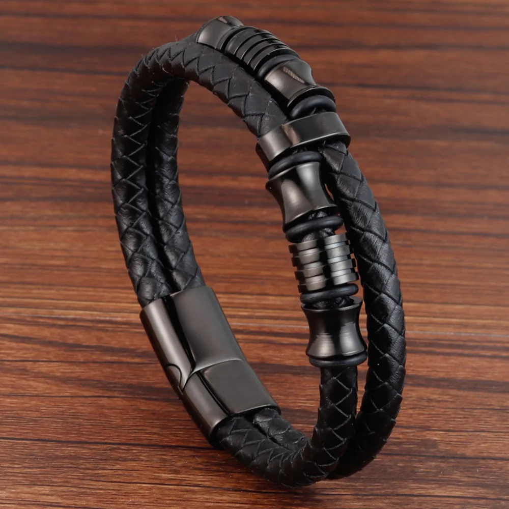 

New Fashion Multilayer Leather Bracelet for Men Jewelry Punk Stainless Steel Bangle Magnetic Buckle Black Color