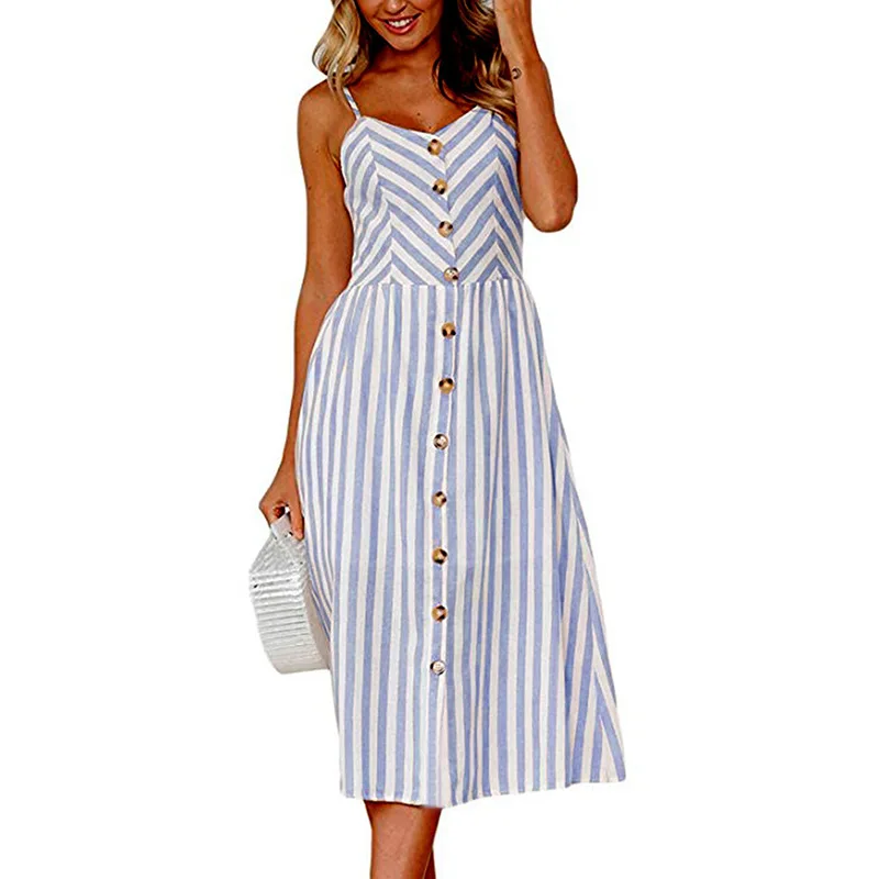 Women's Sexy Summer Dresses Boho Plus XXXL Backless Sleeveless Button Striped Solid Midi Dress Slip Sundress With Pockets