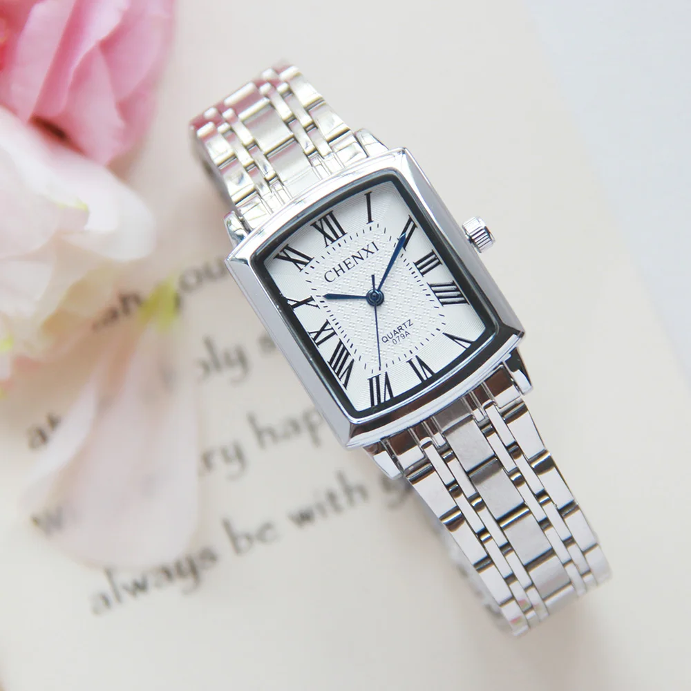 CHENXI Square Women Watch Roman Numeral Silver Stainless Steel Quartz Watches Men Lover\'s Lady Clock Retro Casual Couple