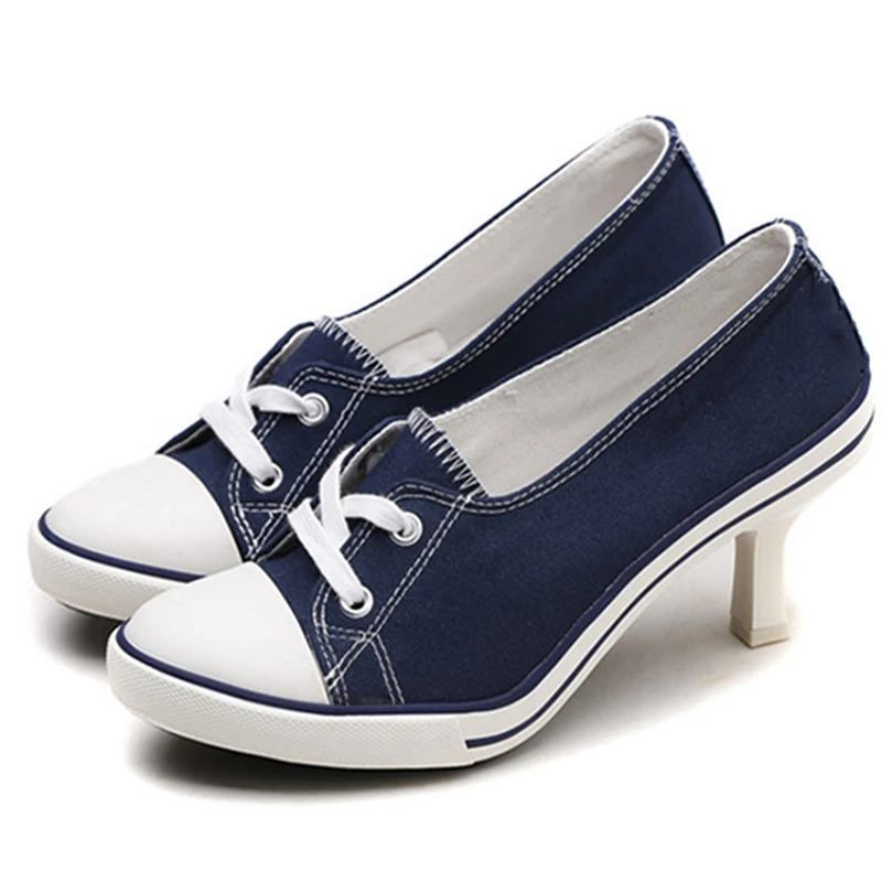 Black high-heel canvas women\'s shoes blue high-heeled shoes shallow lace-up breathable casual fashion versatile single shoes