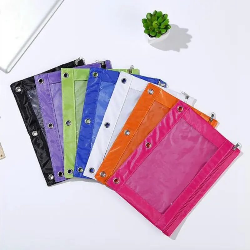 1PC 3 Ring Pencil Case Zippered Binder Rivet Enforced Hole School Pencil Pouch Large Capacity Desktop Storage Bag YLM9154