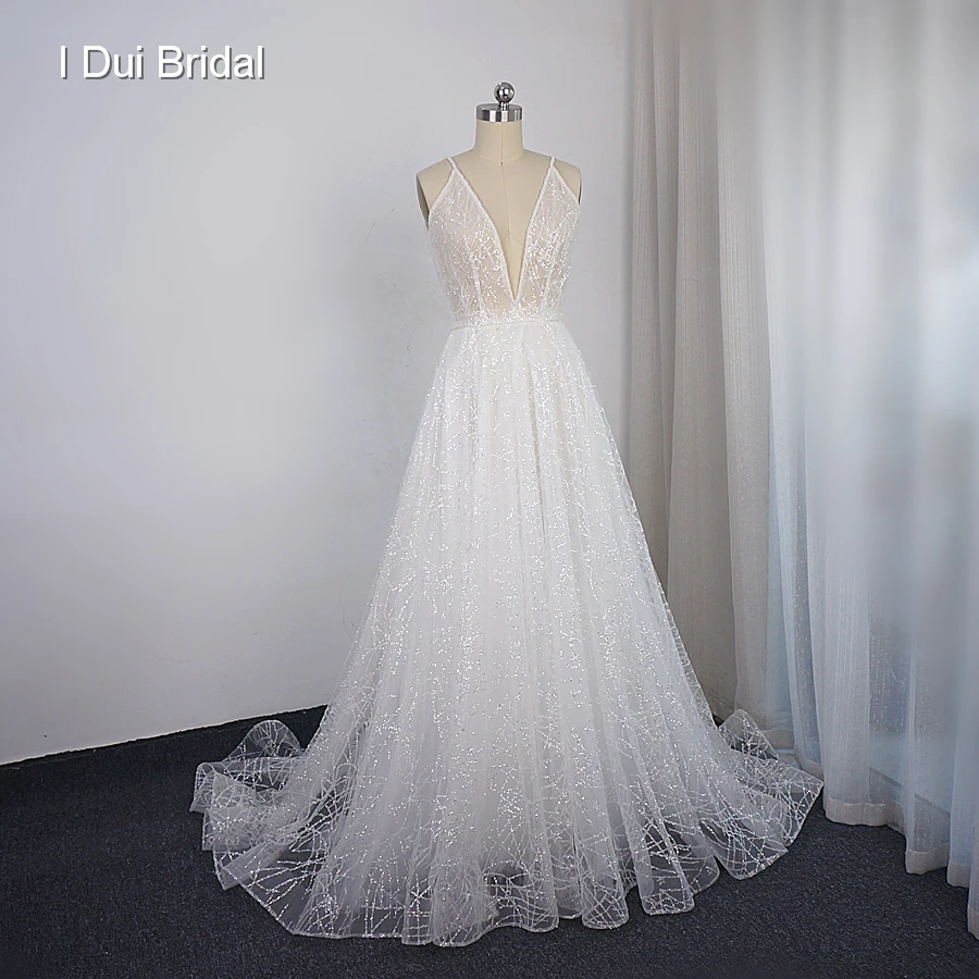 

Sparkle Tulle Plunge Neckline Wedding Dress A Line Low Back Shinny Sequins Bridal Gown New Style