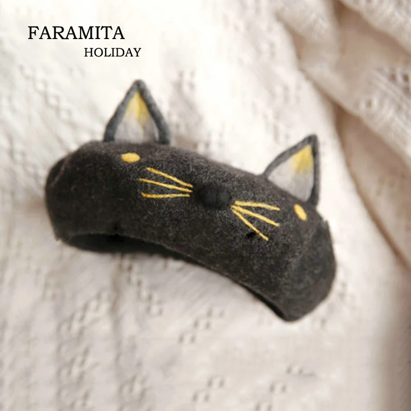 Faramita Holiday Vintage Women Cat Ears Hand-made Berets Cute Cats Kids Girls Boys Manual Deep Gray Hats Caps Wool Felt Painter