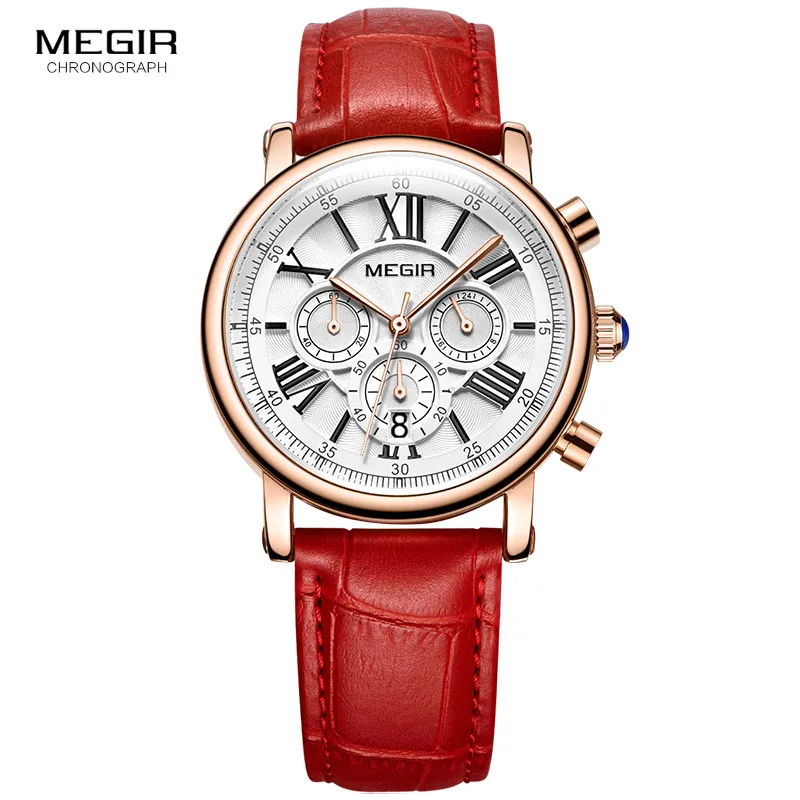 Megir 24 Hours Display Chronograph Analogue Quartz Watch for Lady Girl Women's Fashion Waterproof Red Leather Strap Wristwatch