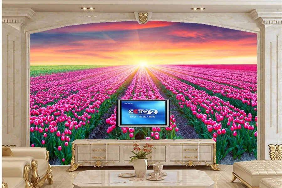 

Custom 3D mural,Fields Tulips Sunrises and sunsets Flowers wallpapers wallpaper,living room sofa TV wall bedroom papel de parede