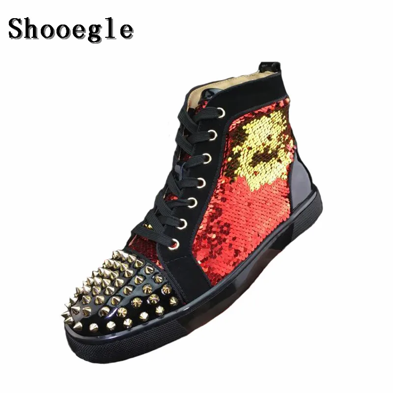 SHOOEGLE New Men Sequins Rivets Shoes Fashion Studs Mens Hightop Sneakers Espadrilles Lace-up Platform Flat Casual Shoes EU39-47