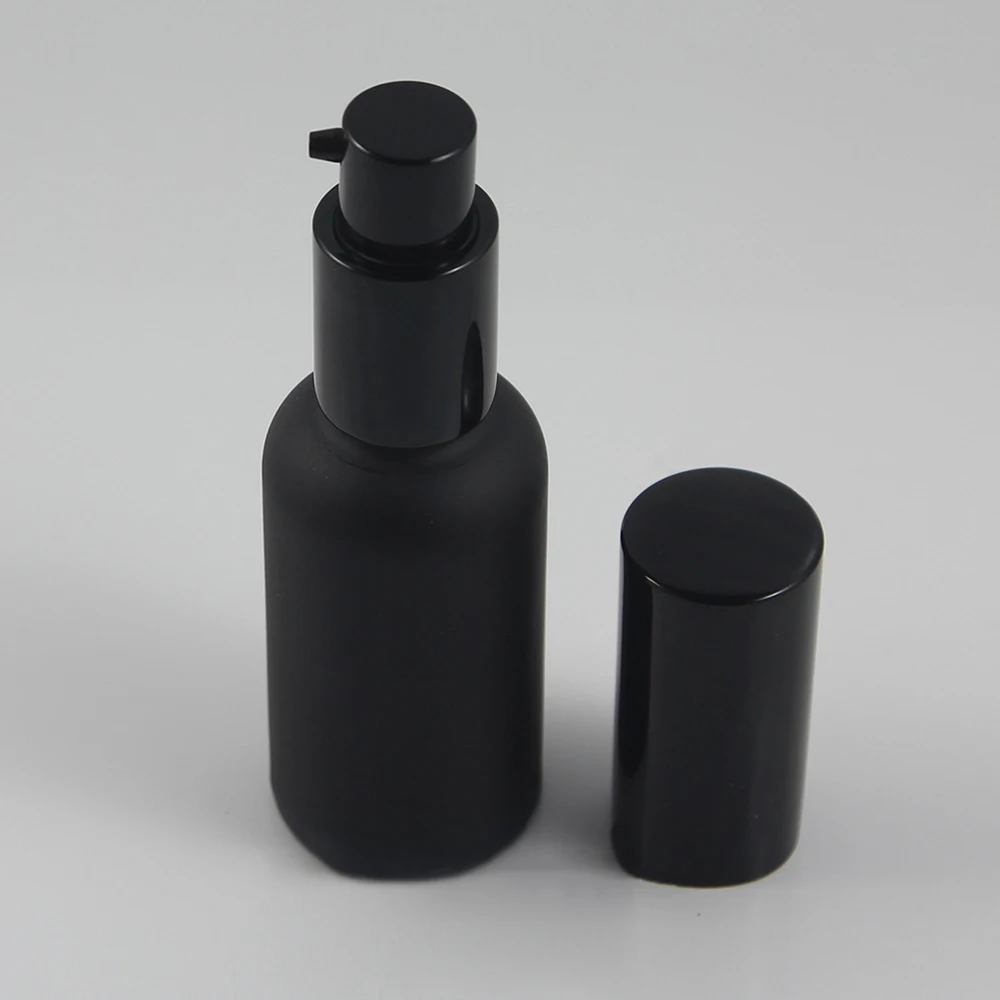 

50pcs wholesale 30ml round black frosted lotion bottle with black pump, 1 ounce glass empty cosmetic bottle for liquid cream