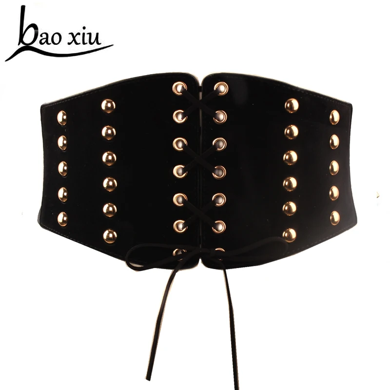 

Brand Wide Black Vintage Gothic Corset Belt Faux Leather metal Rivet tie up Buckle Slimming Belts For Women Steampunk Clothing