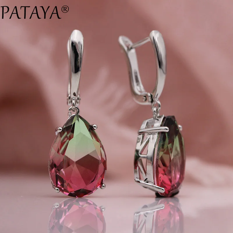 PATAYA New True White Gold Water Drop Tourmaline Color Natural Zircon Long Dangle Earrings Rings Sets Women Wedding Jewelry Set