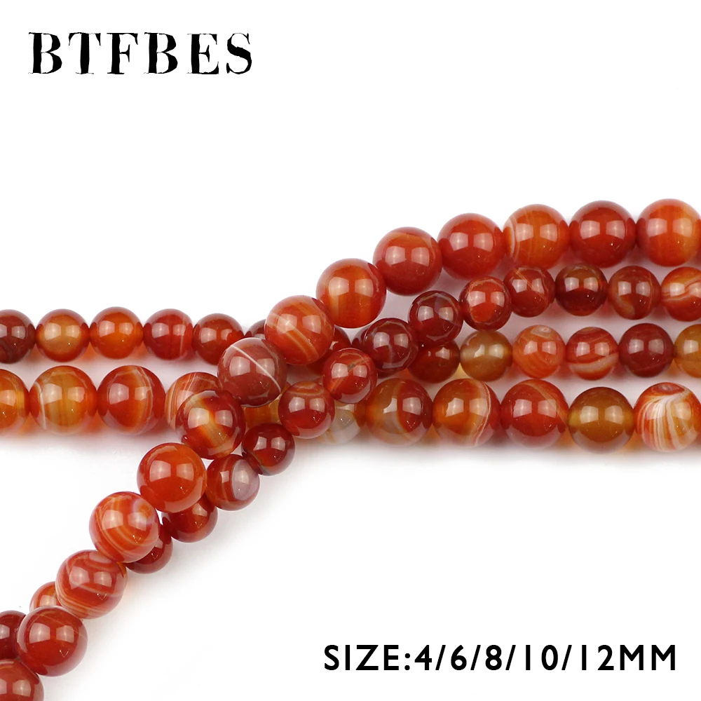 BTFBES Red Stripe Banded Carnelian Beads Natural Stone Ball 4 6 8 10 12MM Onyx Round Loose Beads For Jewelry Bracelet Making DIY