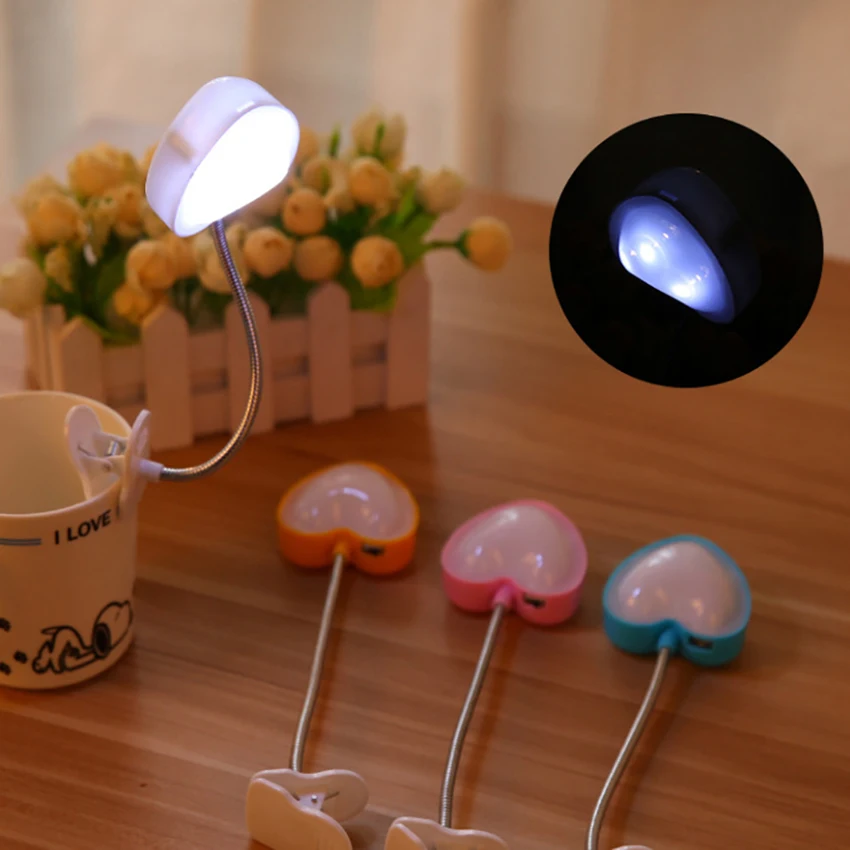 Heart Shape Clip-on LED Book Light Bedroom Flexible Reading Lamp Eyes-protect Energy-save Night Light Students Learning Lighting