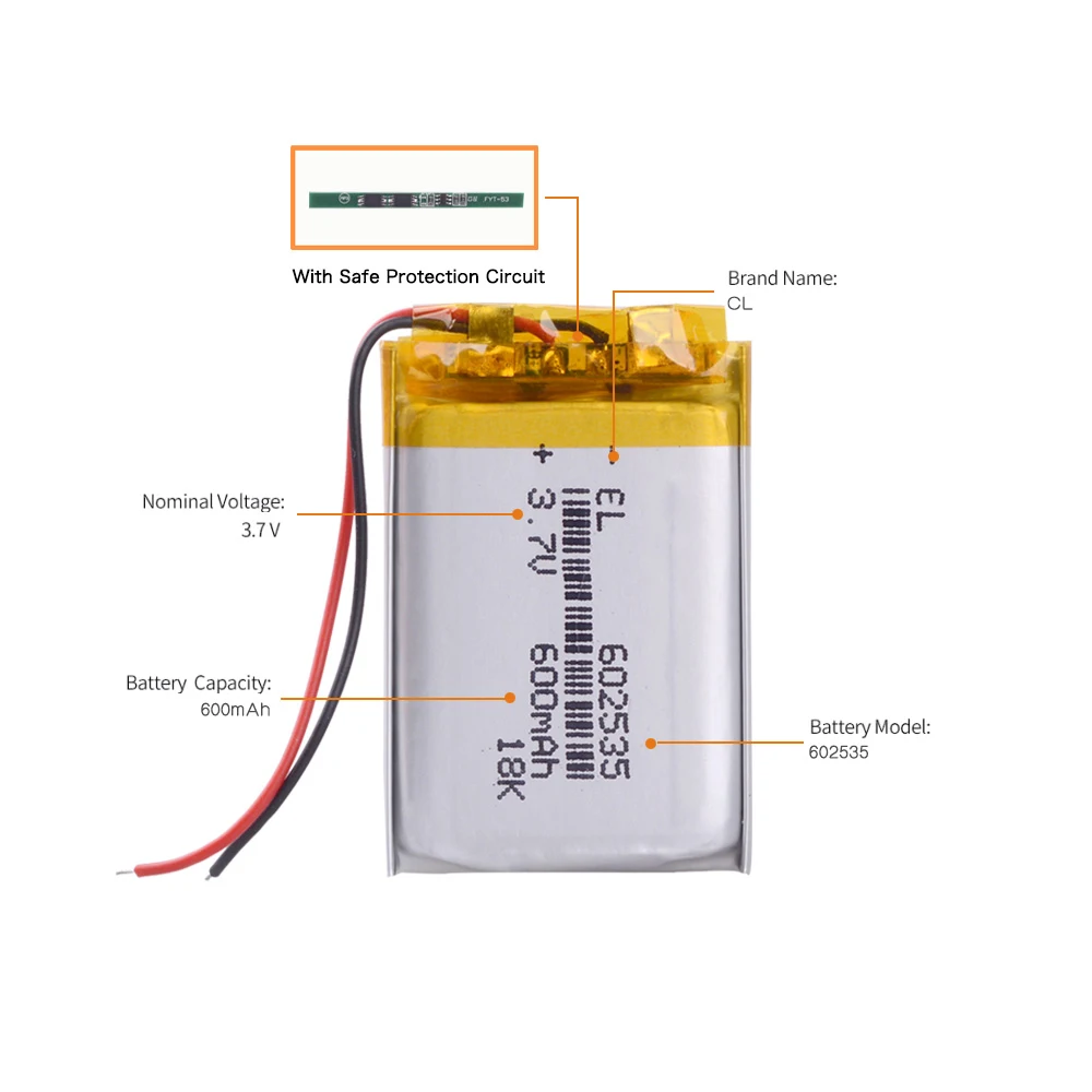 3.7V 600mAh 602535 Rechargeable Lithium Li-ion Li Polymer Battery for Headphones tachograph Mp3 GPS video recorder Mio MiVue