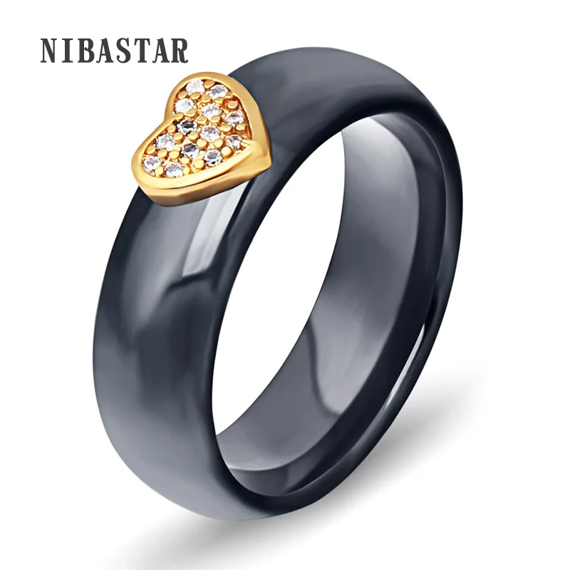 Unique Ceramic Rings Black&White Ceramic Love Heart Cubic Zircon Stainless Steel Ring European Party Jewelry