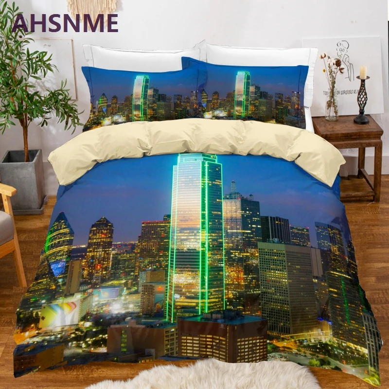 AHSNME Vibrant City Dallas Duvet Cover Cityscape Bedding Set US King Queen Size Bed Sets 2/3pcs Bed Cover Set