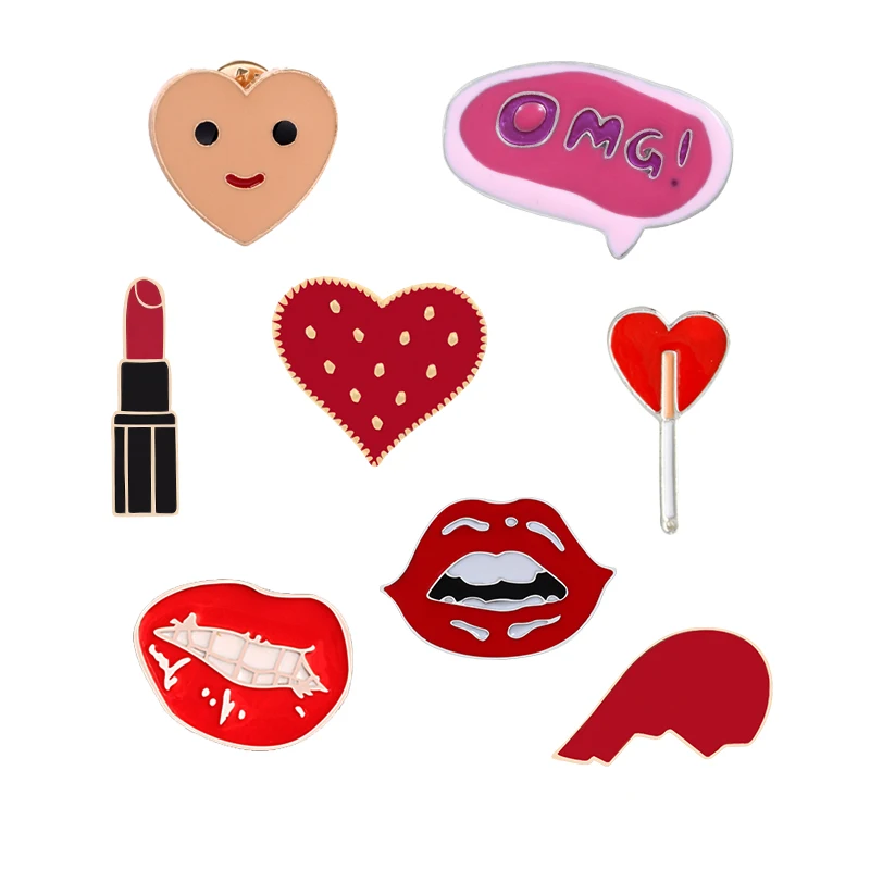 Red Lips Heart Brooches Omg Sexy Mouth Lipstick Creative Enamel Pins Hearts Badge Backpack Button Shirt Lapel Pin Girls Jewelry
