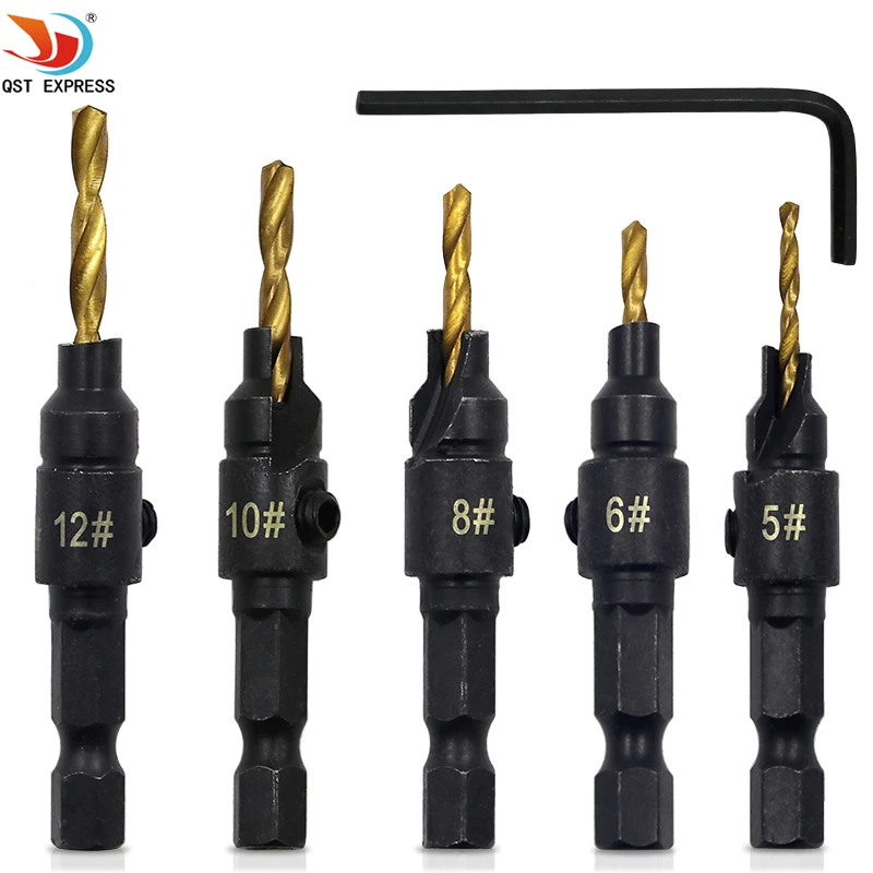 5pcs Hss Woodworking Ti Countersink Drill Bit Set Wood Countersinks Screw Size #6 #8 #10 #12 #14