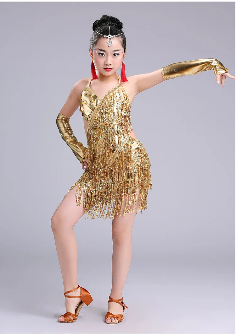 Kids Sequins Tassels Competition Costumes Latin Dance Dress Girls Gymnastics Practice Party Dancing Dresses Stage Dancewear