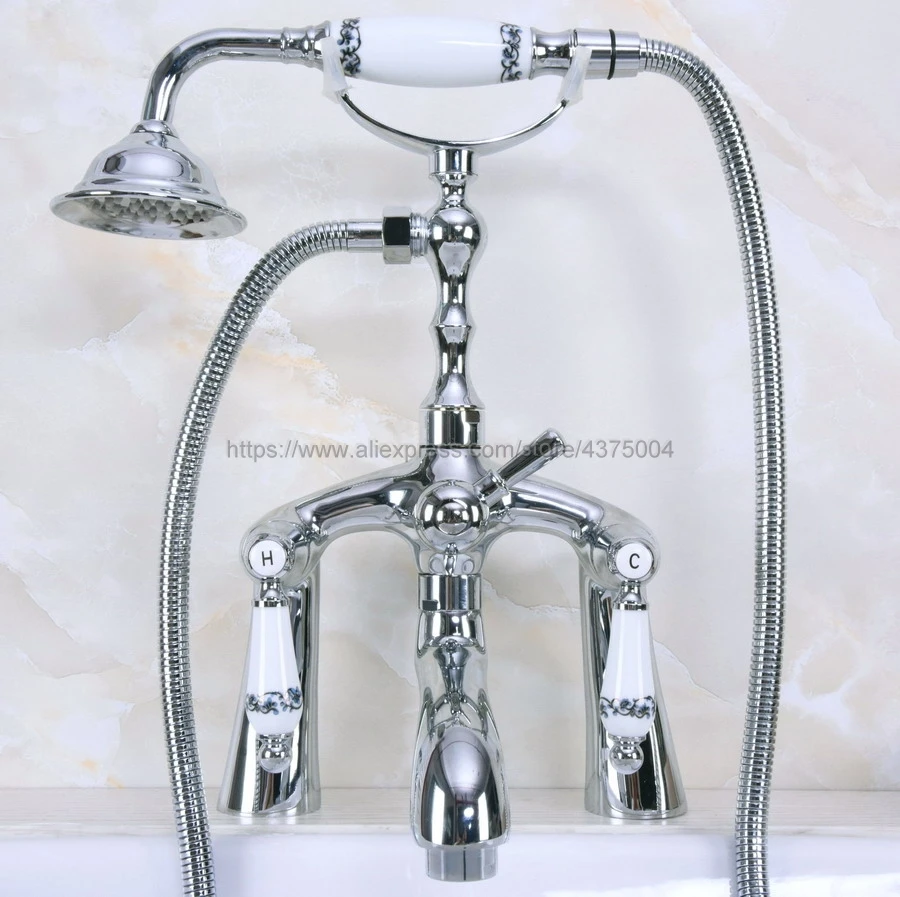 

Bathroom Deck Mounted Shower Faucets Set Bathtub Faucet Water Mixer Tap Polished Chrome with Hand Shower Nna101