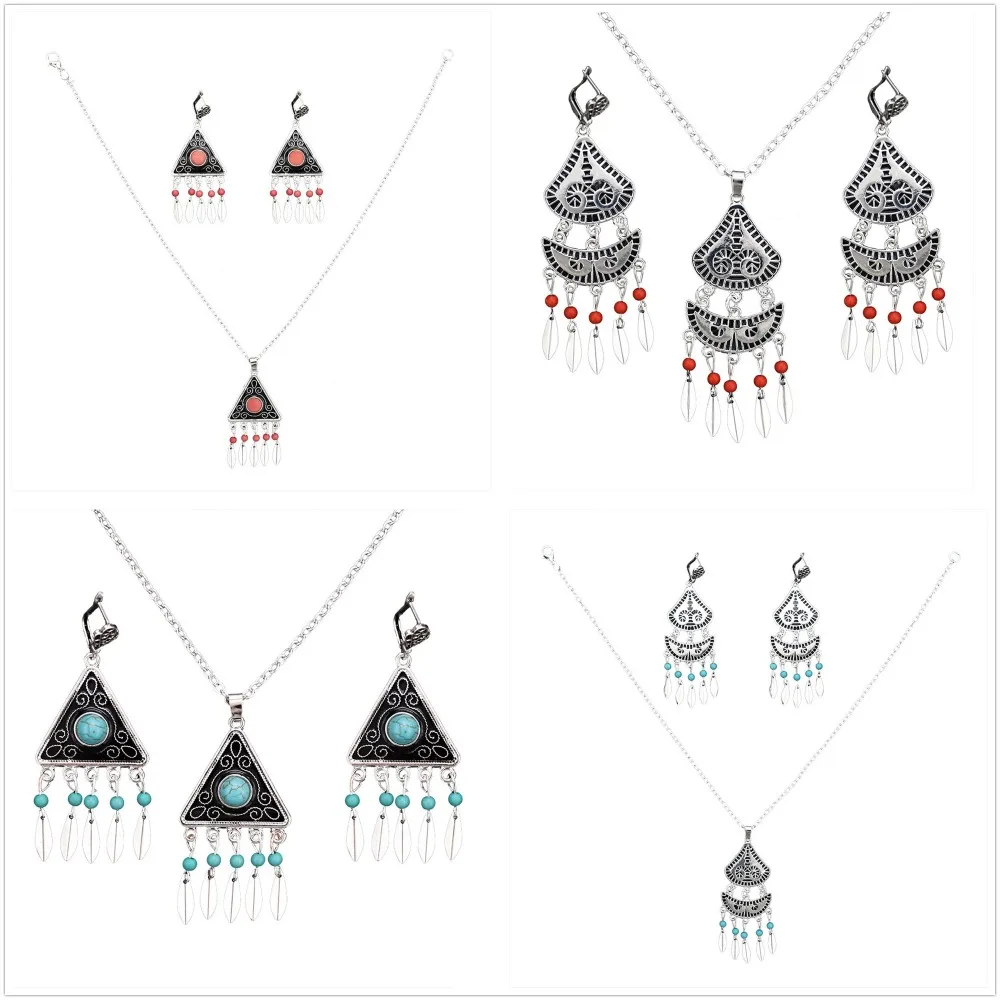 4 Styles Vintage Metal Green Red Beads Pendant Necklace Earrings Sets for Women Boho Turkish Charming Jewelry Set