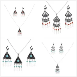 4 Styles Vintage Metal Green Red Beads Pendant Necklace Earrings Sets for Women Boho Turkish Charming Jewelry Set