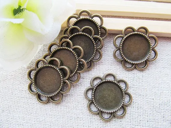 50pcs Antique Silver tone/Antique Bronze Flower Base Setting Pendant Charm/Finding,fit 14mm Round Cabochon/Picture/Cameo