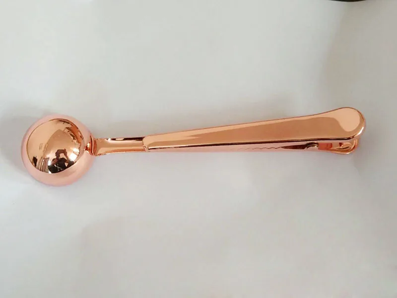 100pcs/lot Luxury Rose Gold Stainless Steel Coffee Measuring Scoop With Bag Clip Sealing Tea Measure Spoon Kitchen Tool ZA4268