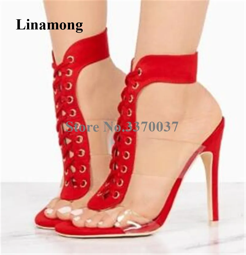 

New Design Peep Toe PVC Stiletto Heel Suede Leather Gladiator Sandals Lace-up Transparent Straps Red Black High Heel Sandals