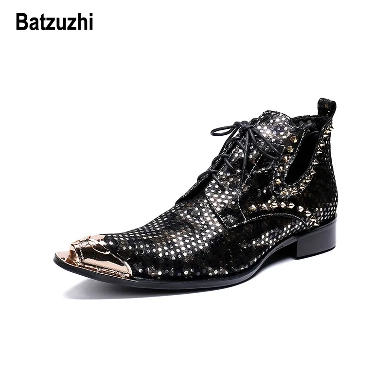 Batzuzhi Italy Type Men Shoes Fashion Black Leather Boots Men Pointed Metal Tip Lace-up with Rivets botas hombre Party Boots Man