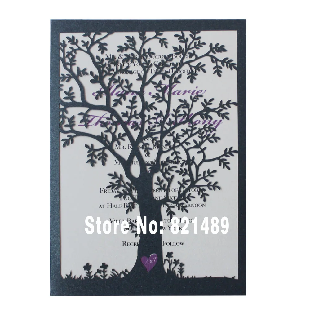 

Black Wedding Invitation, Love Tree Wedding Invitation Cards, Purple Heart Wedding Cards - Set Of 50