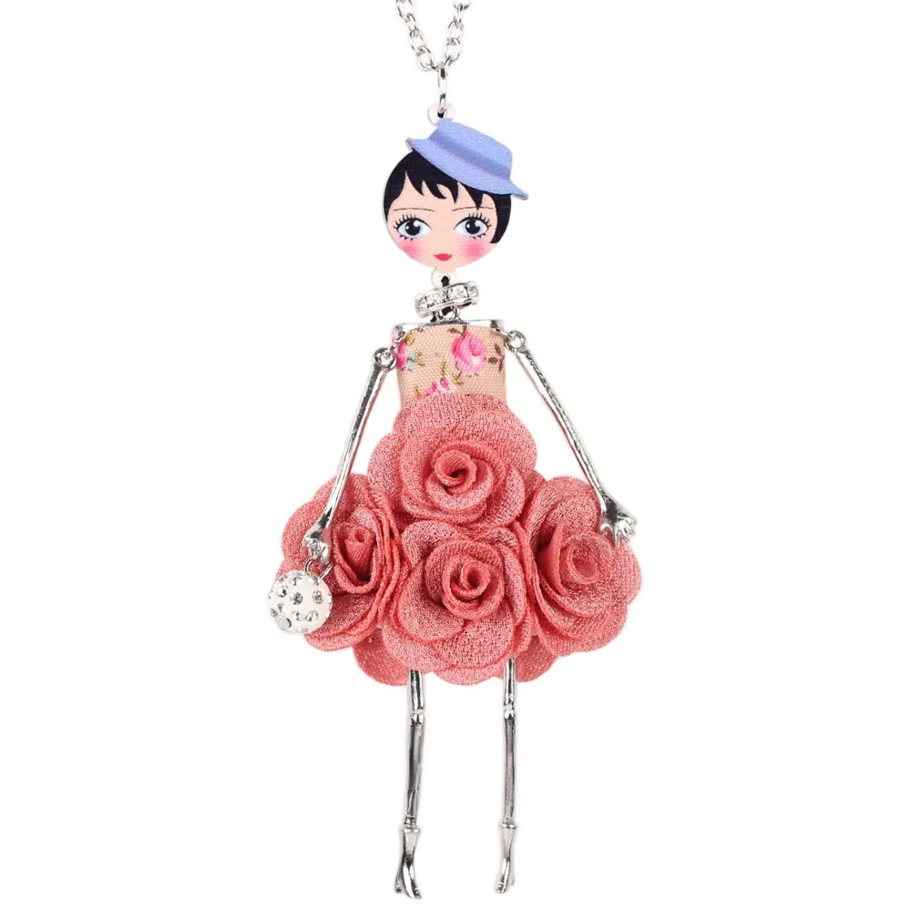 Bonsny Statement Flower Doll Necklace Dress Handmade French Doll Pendant News Alloy Girl Women Flower Fashion Jewelry Gift