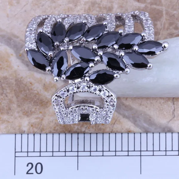 Unique Black Cubic Zirconia White CZ Silver Plated Ring Size 5 / 6 / 7 / 8 / 9 / 10 S0189