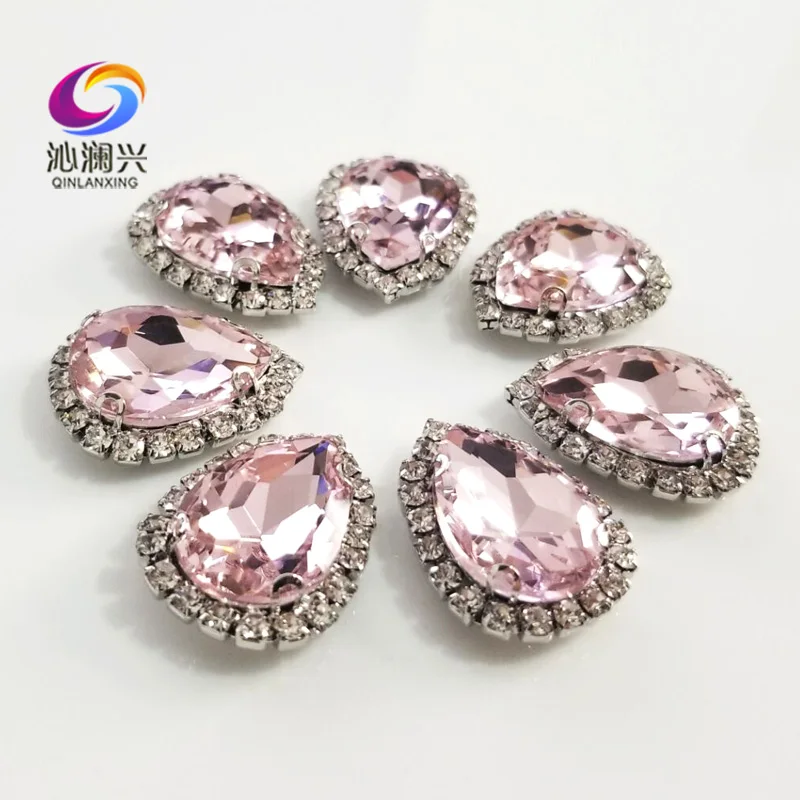 Top Grade Pink Color Glass Crystal Buckle, Drop Shape Sew on Rhinestones, Used for Needlework, Silver Bottom Sewing Accessories