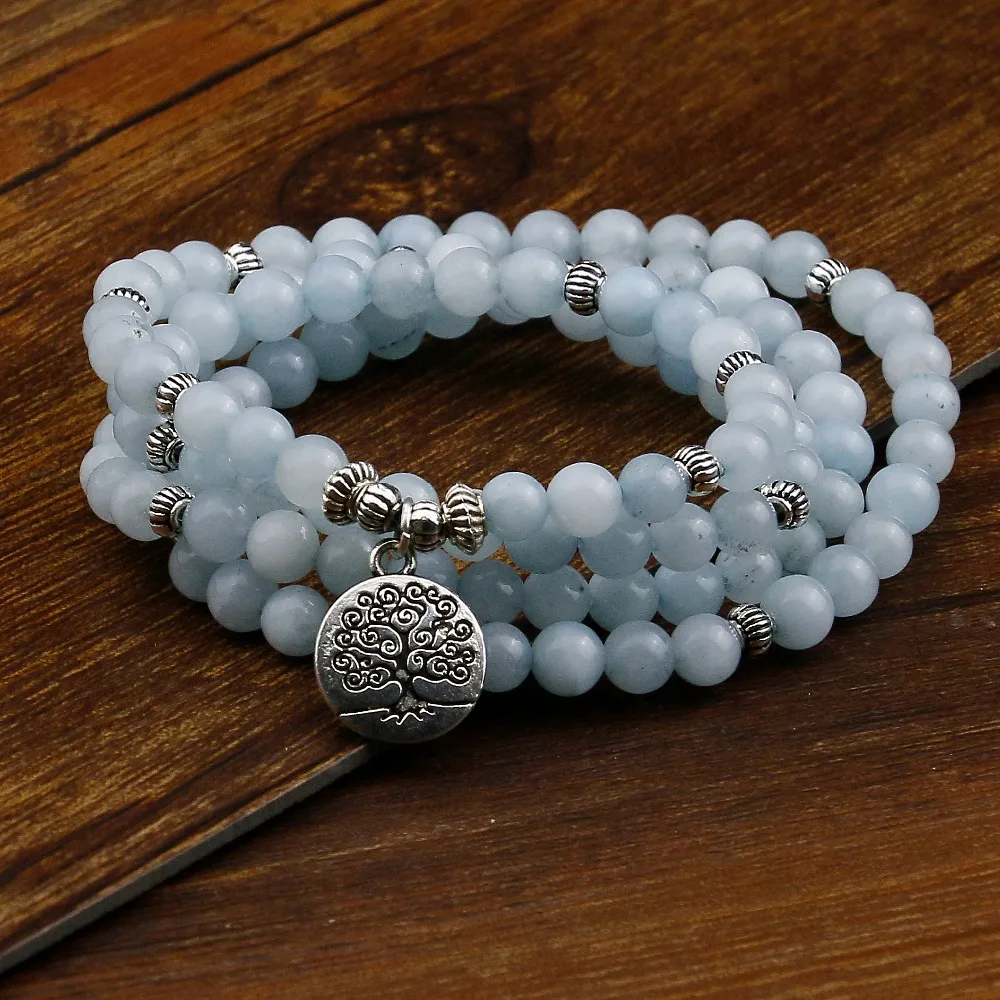 Blue Stone Beads Bracelets for Women 108 Buddha Bracelet Jewelry with Lotus Pendant Vintage Yogi Multilayer Men Jewelry