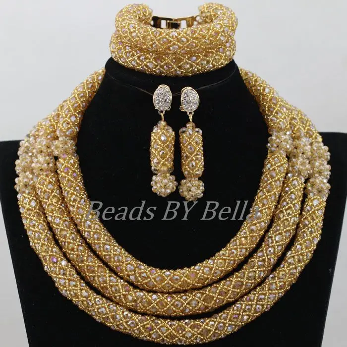 African Costume Bridal Jewelry Sets Women Christmas Gift Gold Crystal Nigerian Wedding Beads Necklace Set Free Shipping ABF943