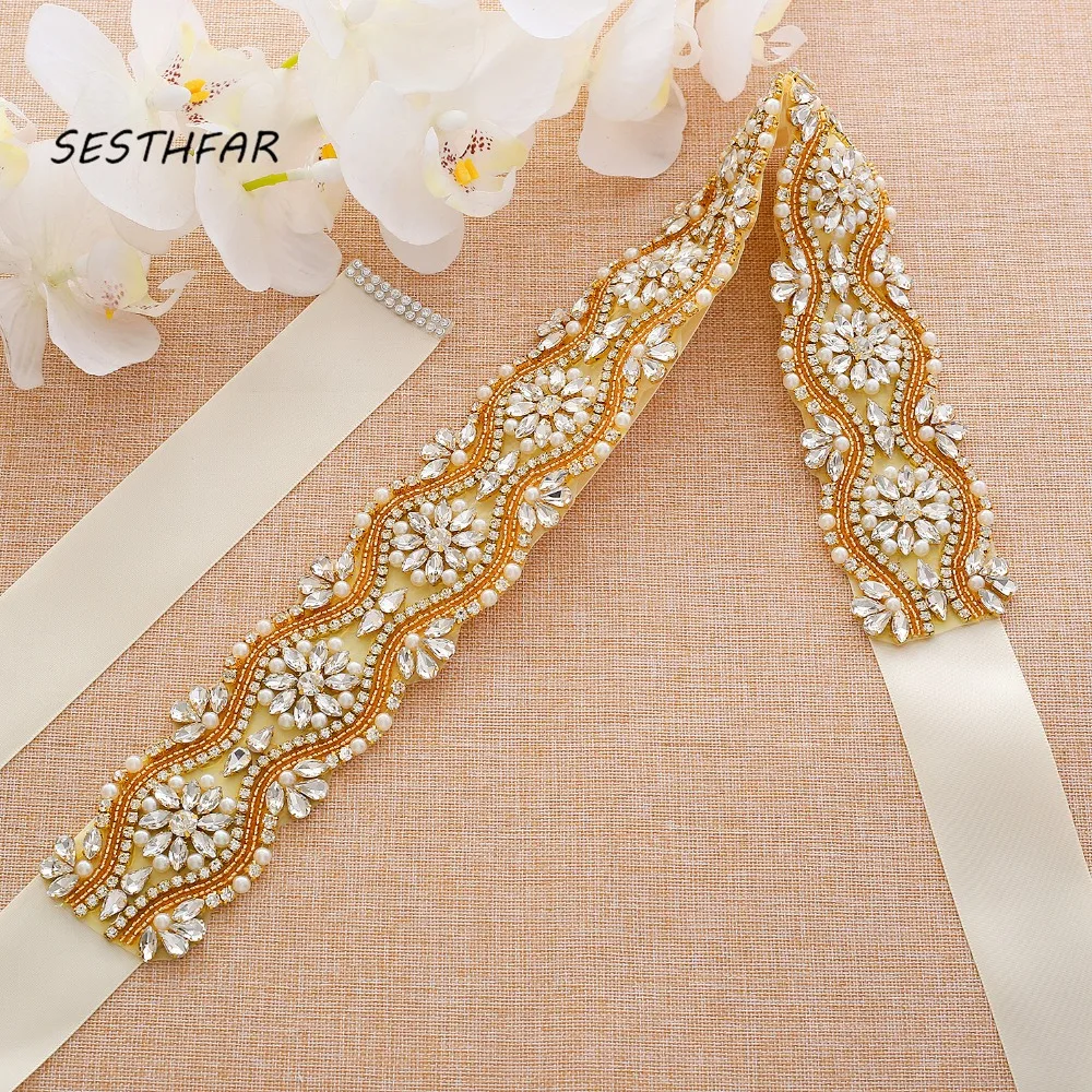 

Rhinestones Bridal Belt Pearls Belt Hand Gold Beaded Crystal Dress Belt For Wedding Accessories J201G
