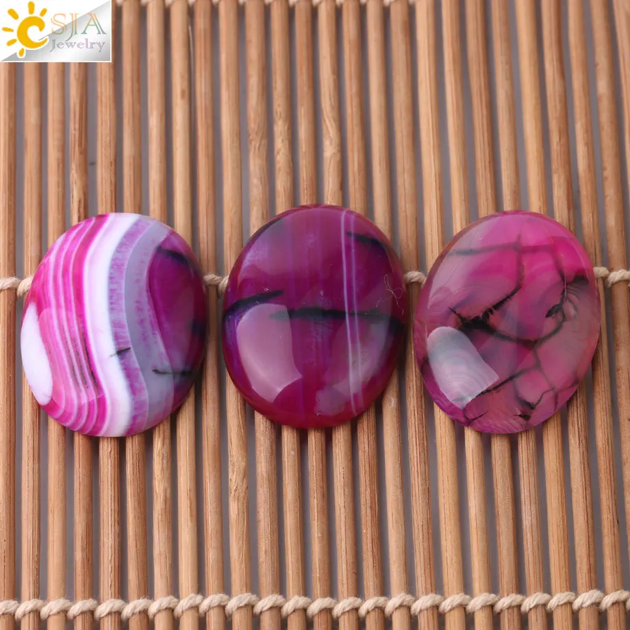 CSJA Natural Cabochon Stone Beads Rose Red Striped Agates Semi-Precious Oval CAB for DIY Handmade Jewelry Making Needlework F836