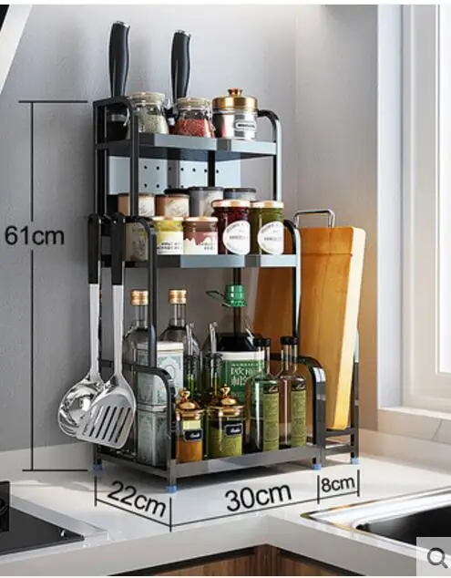 Stainless steel kitchen shelf floor seasoning shelf soy sauce vinegar bottle cutting board knife rack storage rack black