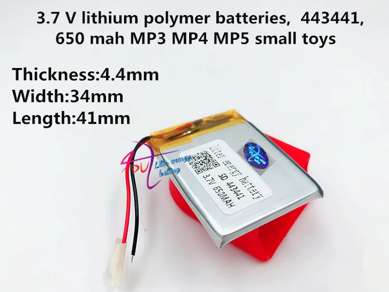 3.7V,650mAH,443441 Polymer lithium ion / Li-ion battery for MP3,MP4,SPEAKER,bluetooth,GPS,toy,smart watch