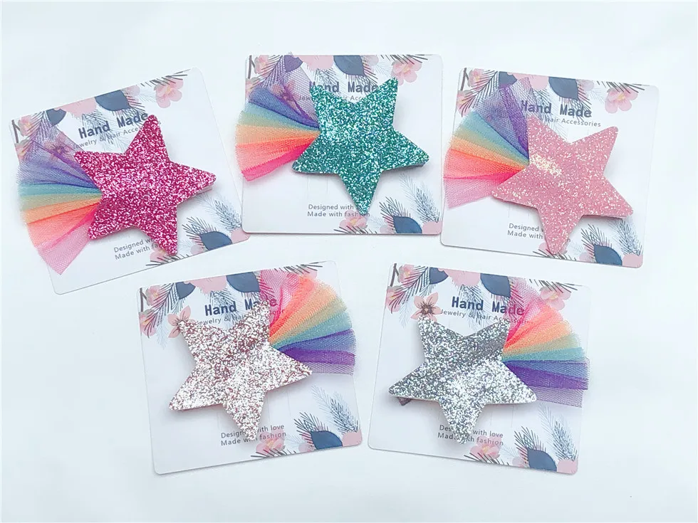 

Boutique 20pcs Fashion Cute Glitter Star Hairpins Gradient Rainbow Lace Star Hair Clips Princess Headwear Girls Hair Accessories
