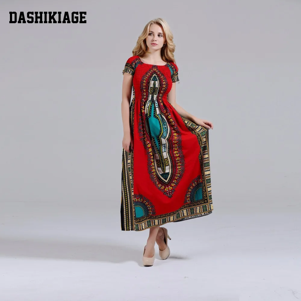 Dashikiage 100% Cotton Vintage Dashiki Long Dress Petal Sleeve Slash Neck African Print Maxi Dresses - two wearing styles