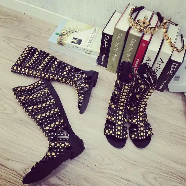 Gold Studs Women Straps Cage Sandal Boots Sexy Open Toe Ladies Gladiator Boots Fashion Flat Boots Zipper Back Summer Boots