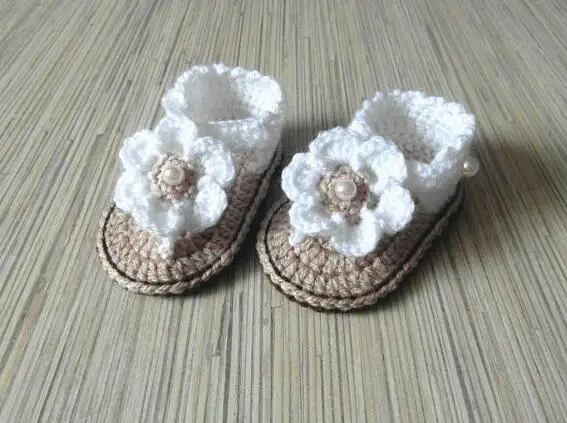 Sandálias Crochet Baby Flip Flop, Sandálias com Little Puff Flowers, Verão, 9cm,10cm,11cm