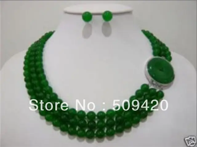 

Free Shipping Wholesale 3 rows 8mm green JADE stone necklace earrings sets