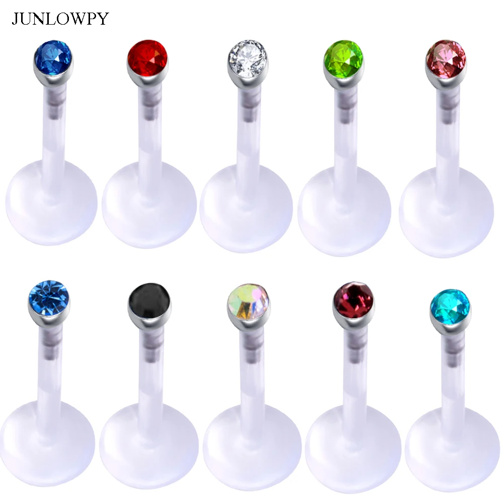 

JUNLOPWY Acrylic UV Plastic Wholesale Labret Rings Crystal Lip Bar Piercing Barbell Body Jewelry Tragus Earring Women Men 100pcs