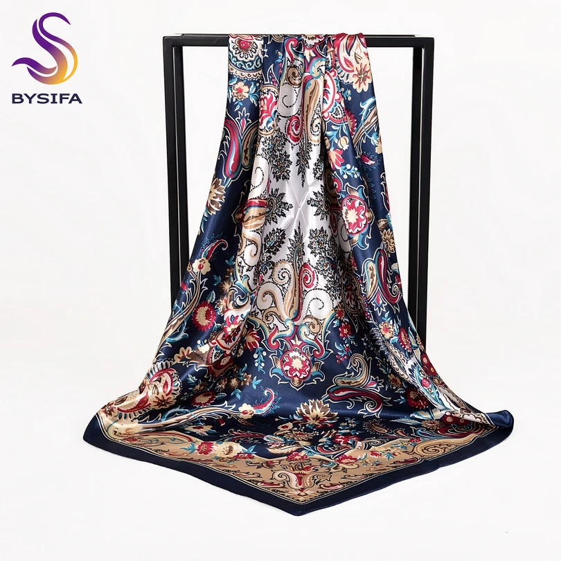 [BYSIFA] Women Rose Silk Scarf Shawl Spring Autumn Large Orange Green Square Scarves Wraps New Design Ladies Head Scarf Cape