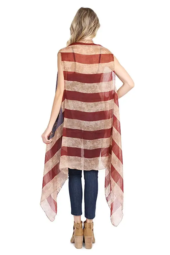 Cardigan American กรกฎาคม4th USA ธงชาติอเมริการูปแบบน้ำหนักเบาผ้าคลุมไหล่ Kimono เสื้อกั๊ก