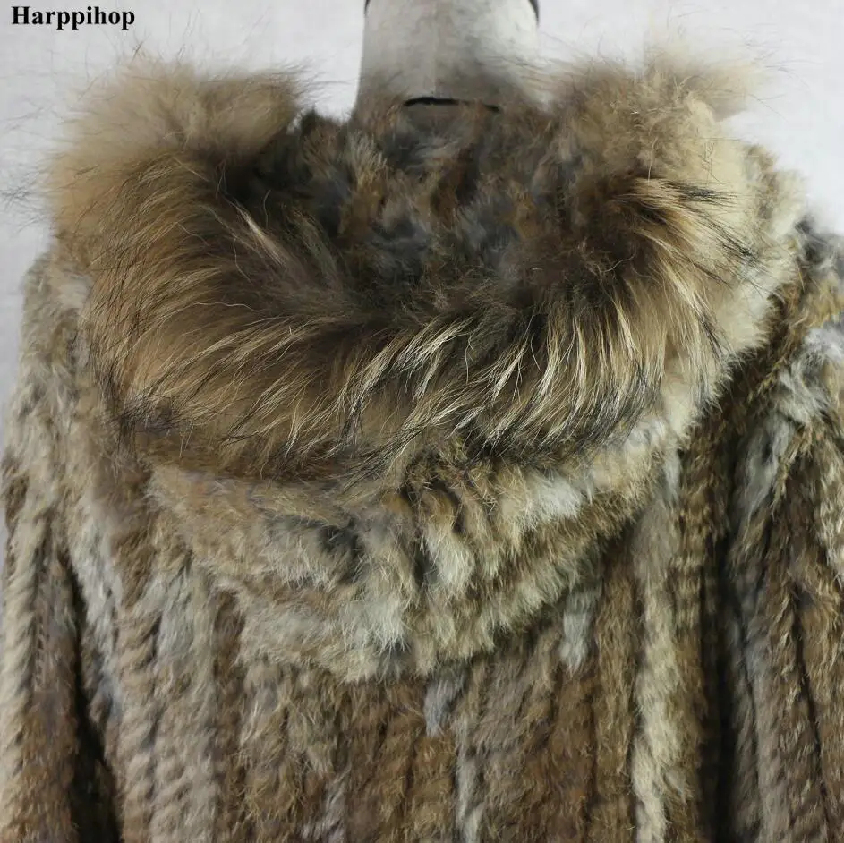 HARPPIHOP*2021 free shipping lady knitted Real rabbit fur coat/ jacket/ outware with hood women belt long with tassels