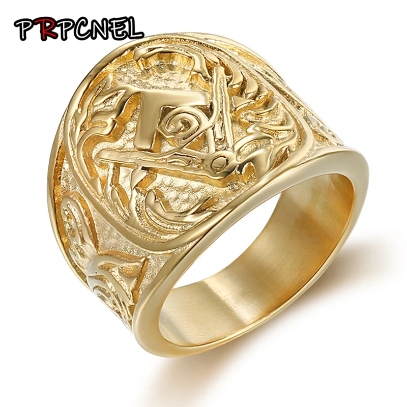 Hip hop Jewelry Mason Signet Ring Gold Color Freemason Masonic Rings for men Stainless Steel Freemason's Jewelry bague femme