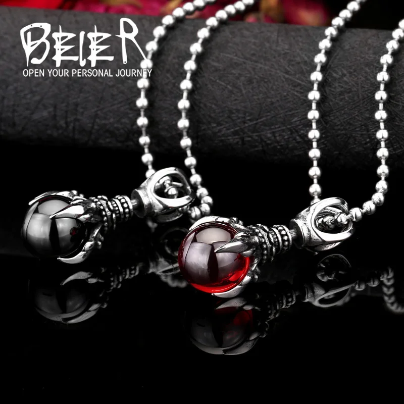 Beier new store 316L Stainless Steel Fashion Claw Stone Necklace Pendant With Red/Black Stone LLBP8-122P