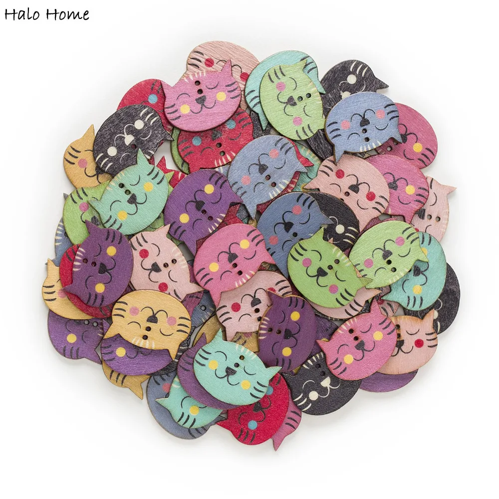 30pcs 2 Hole Mixed Cat Cartoon Wood Buttons Clothing Sewing Scrapbooking Home Decor 29x22mm